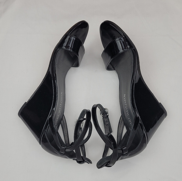 Stuart Weitzman Black Patent Open Toe Strappy Sandals Wedge size 7 - Picture 7 of 10